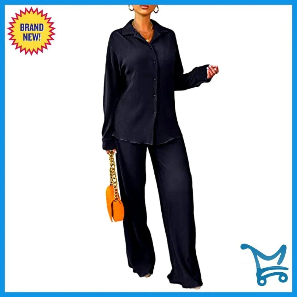 Linen Button Down Shirt Flare Pleated Wide Leg Pants Set Streetwear Y2K